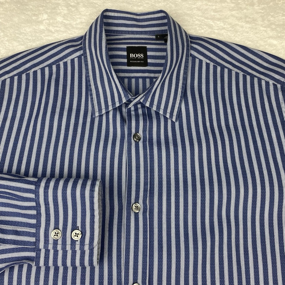 BOSS Hugo Boss Shirt Mens Large‎ Blue Stripes Regular Fit Long Sleeves